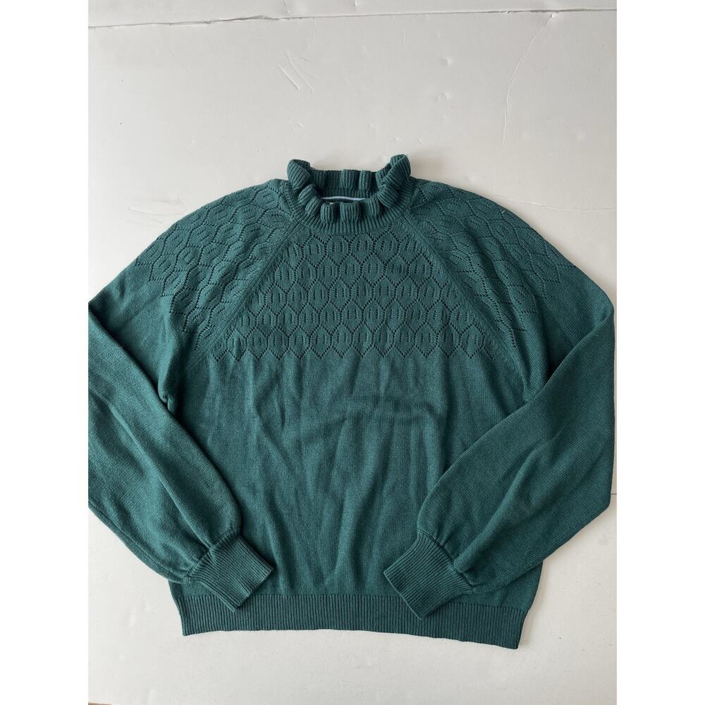 Boden Sweater Women L Green Ruffle Mock Neck Geometric Yoke Wool Cashmere Knit